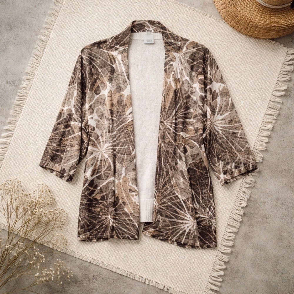Chico's 3 Brown Cream Botanical Linen Blend Metallic Open Front Cardigan XL